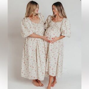 Chic Cream Floral Midi Maternity Dress